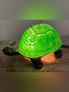 Vintage Style Turtle Lamp Green Shell Night Light Cottage Decor